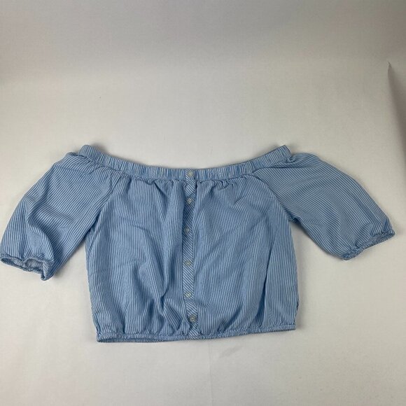 Ambiance Tops - Ambiance Shirt Womens Medium Blue White Striped Off Shoulder Short Sleeve